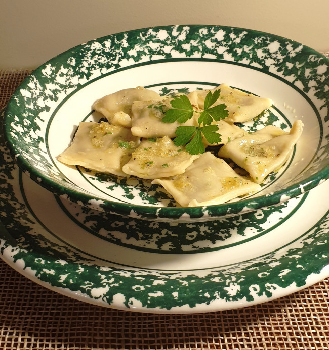 spicy radish ravioli with garlic butter sauce