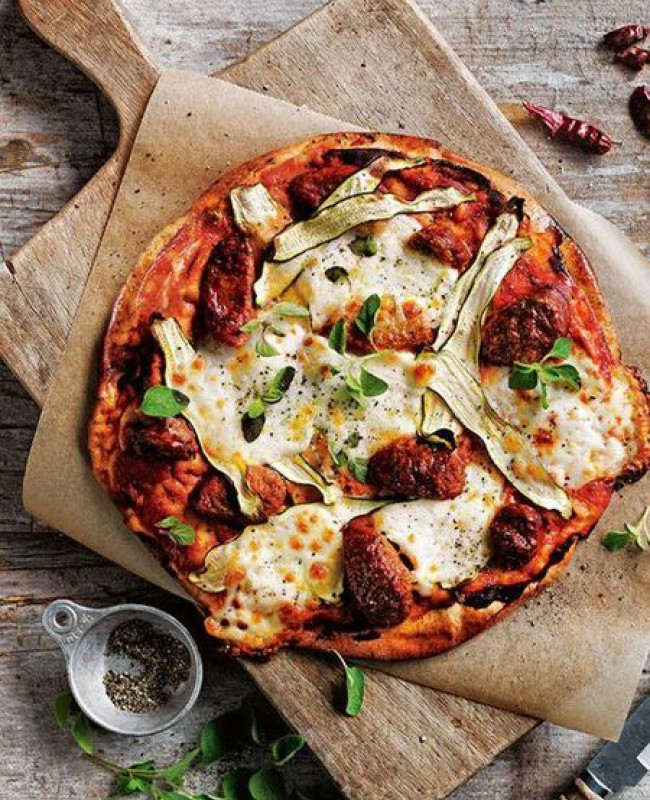aged salami olive cavolo and tania smoked cheese pizza