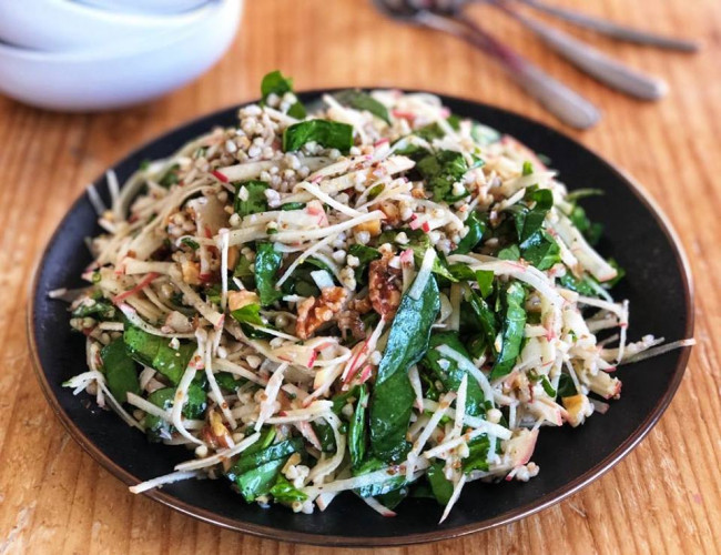 apple spinach and quinoa salad with toasted walnuts and a maple mustard dressing