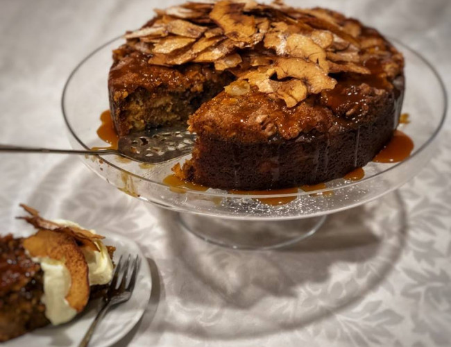 autumn apple cake with apple chips salted caramel sauce