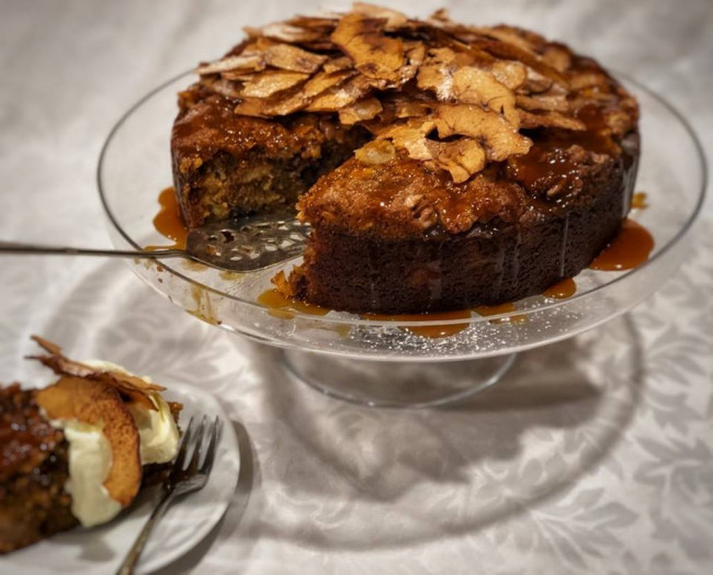 autumn apple cake with apple chips salted caramel sauce