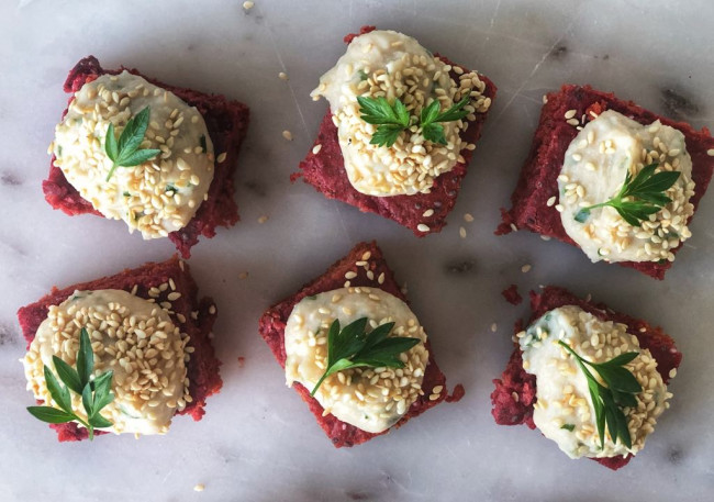 baked beetroot pancake slice with white bean dip