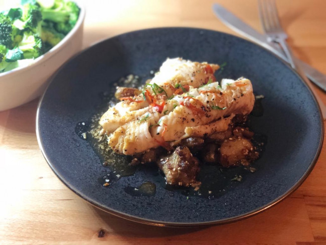 baked ginger and chilli fish with miso and garlic glazed artichokes