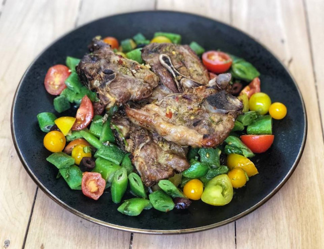 baked lamb shoulder chops with warm green bean and tomato salad