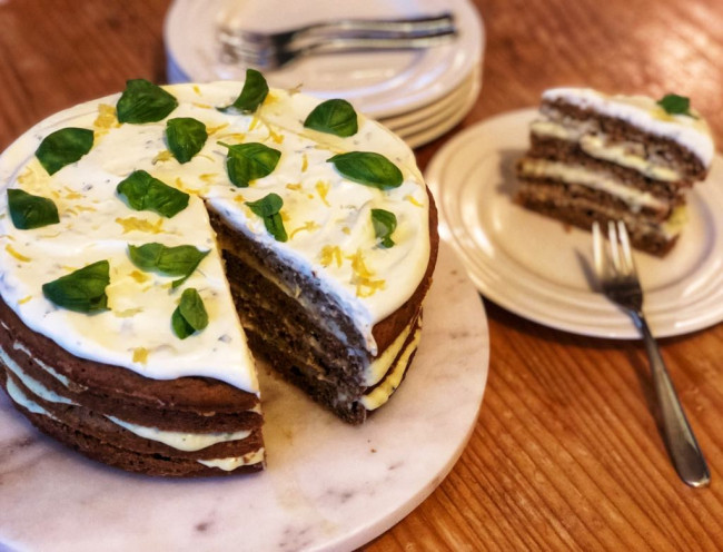 basil lemon olive oil cake with basil cream cheese filling