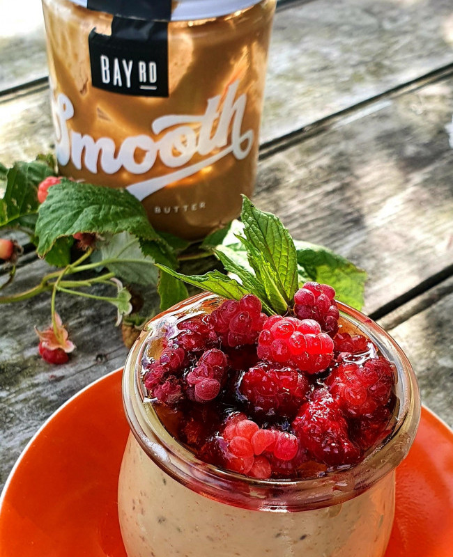 bay road peanut butter mousse with butlers fresh raspberries