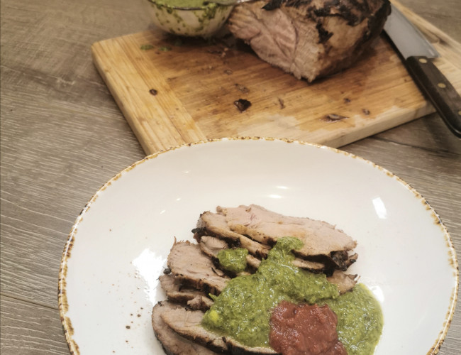 bbq pork ribeye with chimichurri and bbq sauce