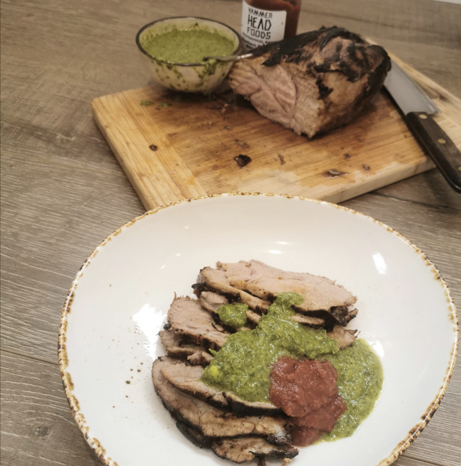 bbq pork ribeye with chimichurri and bbq sauce