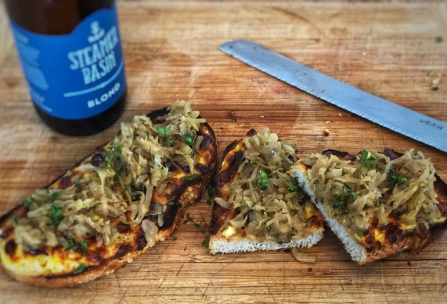 beer braised cabbage served on cheesy toasties