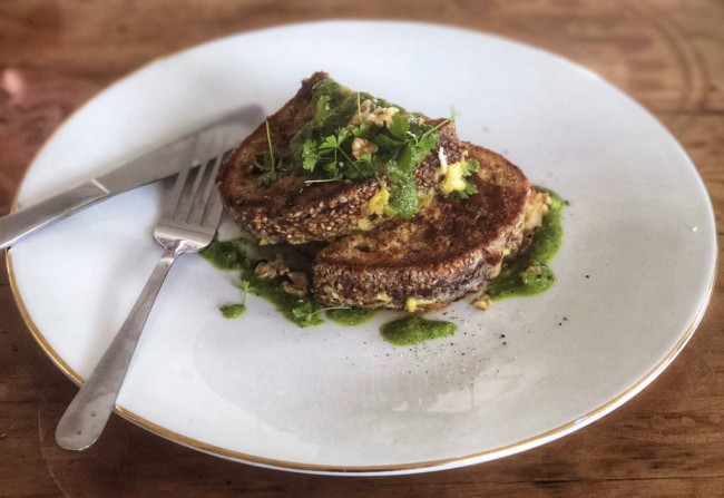 beetroot and nigella seed bread french toast with walnut parsley oil