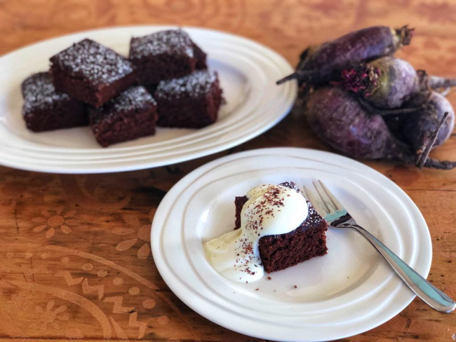 beetroot and roasted cocoa flake brownie