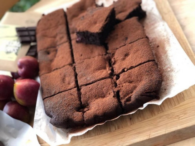 boozy dark chocolate and plum brownie