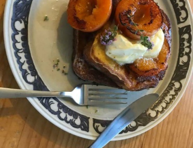 brioche french toast with grilled apricots and a honey and thyme syrup