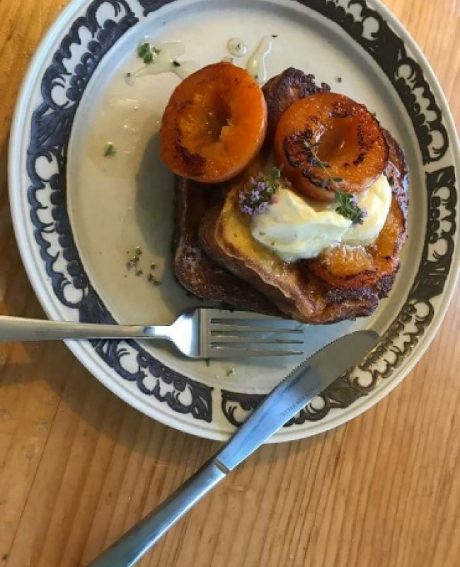 brioche french toast with grilled apricots and a honey and thyme syrup