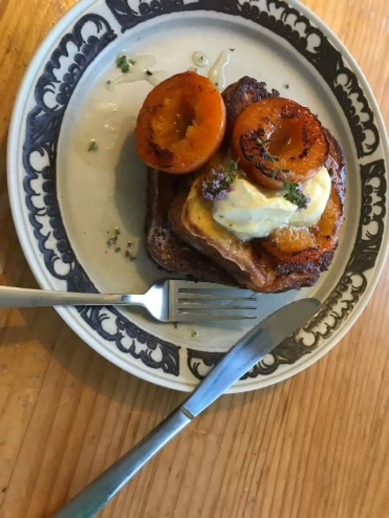 brioche french toast with grilled apricots and a honey and thyme syrup