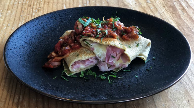 buckwheat crepes stuffed with ham and whitestone vintage five forks cheese and quick spicy tomato sauce