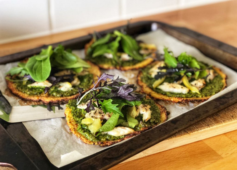 cauliflower flat breads with kale pesto smoked fish and preserved lemon