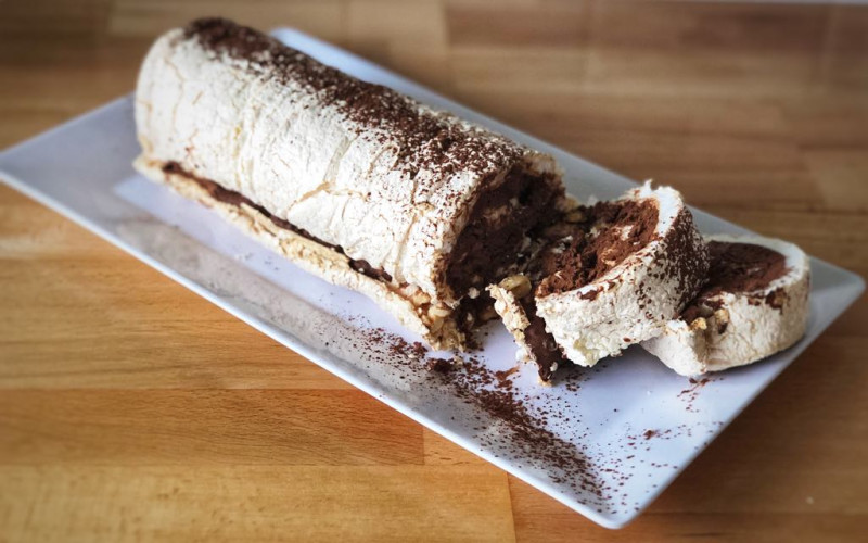 chocolate mousse and hazelnut meringue roulade