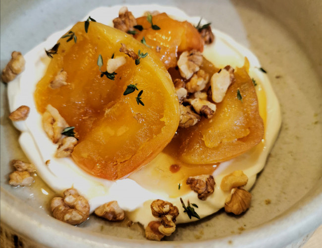 clover and thyme honey baked apples with yoghurt and walnuts