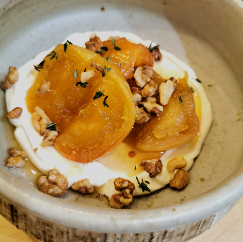 clover and thyme honey baked apples with yoghurt and walnuts