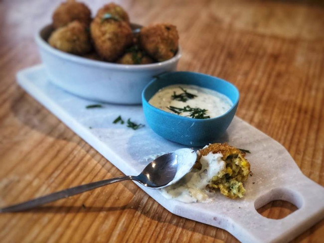 corn smoked cheese croquettes with lime jalapeno dipping sauce