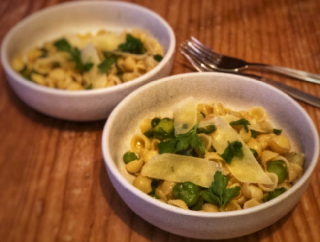 cricket meal pasta with broad beans and brown butter sauce