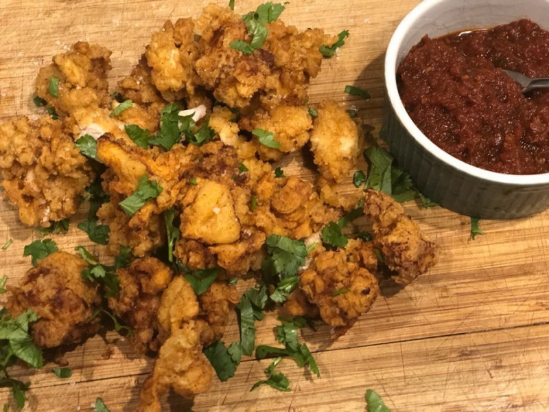 crispy buttermilk chicken bites with smoky tomato jam