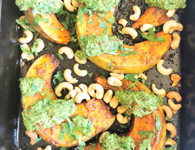 garlic roasted pumpkin with basil pesto and cashews