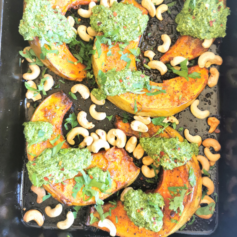 garlic roasted pumpkin with basil pesto and cashews