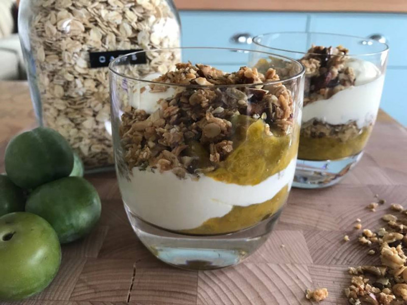 greengages with nutty maple granola