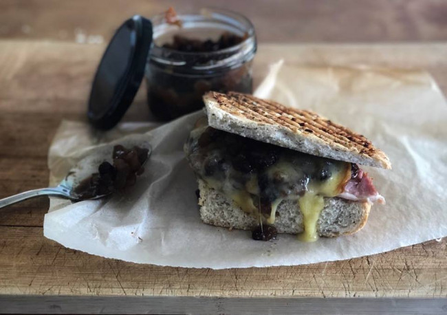 grilled ham and cheese focaccia with marrow stout chutney