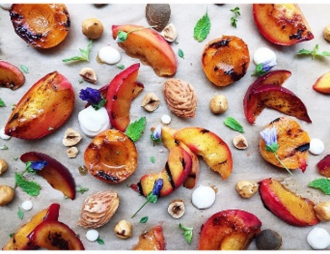 grilled summer fruits with honeyed hazelnuts and yoghurt