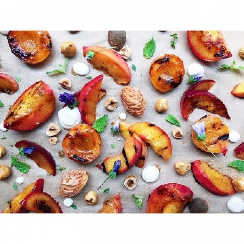 grilled summer fruits with honeyed hazelnuts and yoghurt