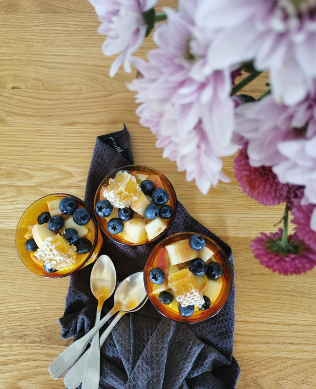 honey mousse with heritage wiggins peaches and blueberries