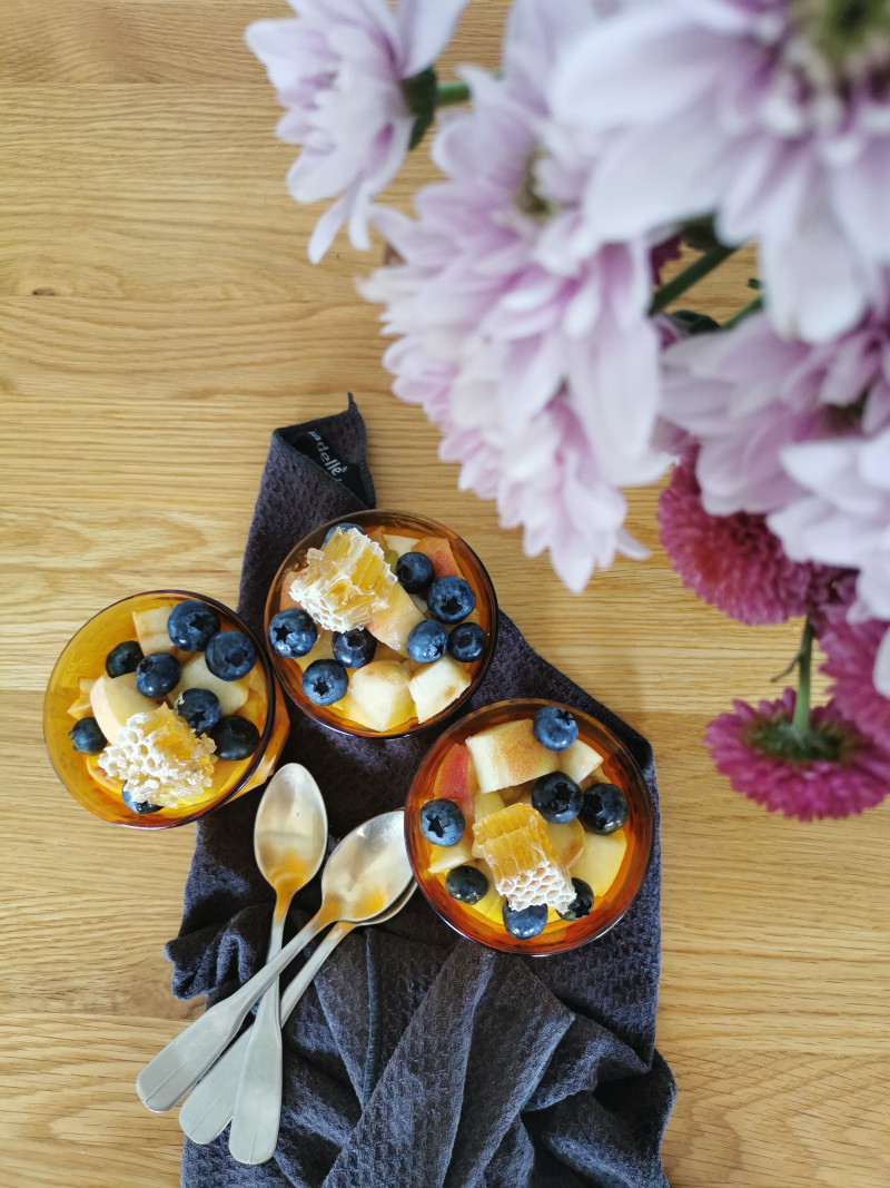 honey mousse with heritage wiggins peaches and blueberries