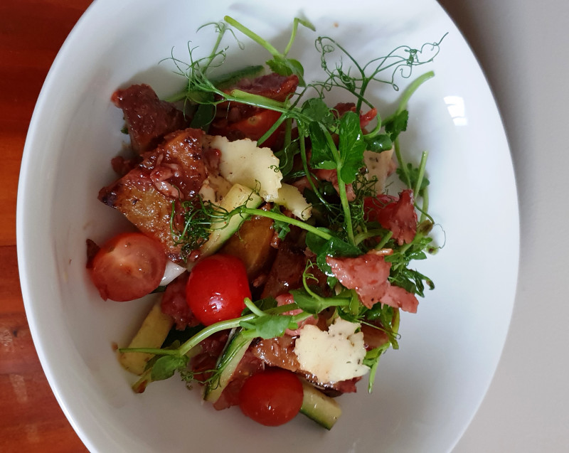 kumara and pea shoot salad with plum vinaigrette