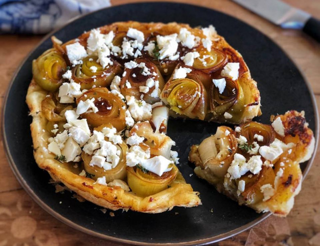 leek apple and feta tarte tatin