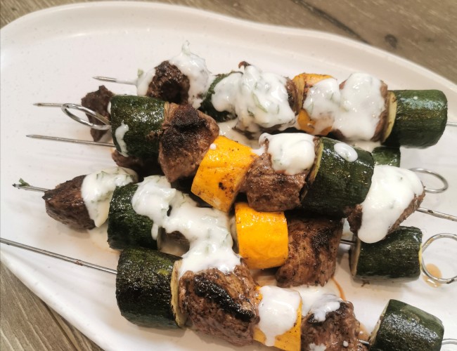 marinated lamb and zuchini skewers