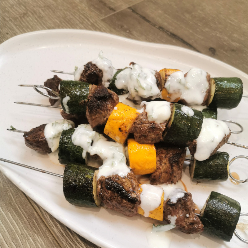 marinated lamb and zuchini skewers