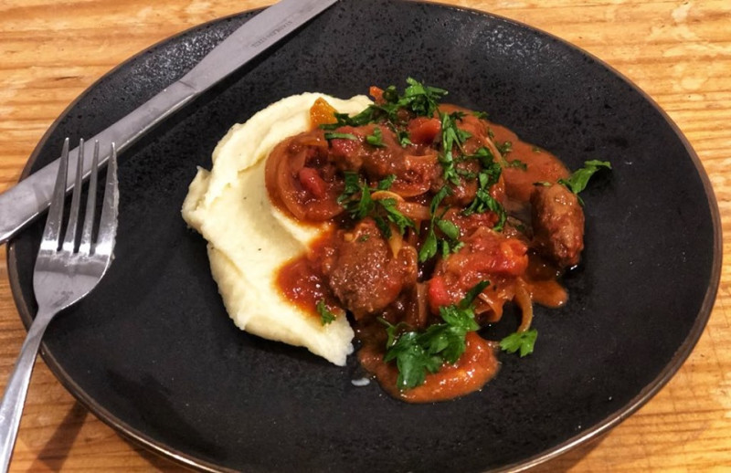 merlot and cracked pepper sausage meatballs with creamy parsnip mash