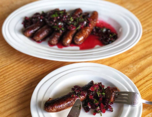 merlot and cracked pepper sausages with fresh cherry salsa