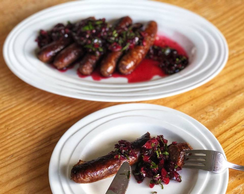 merlot and cracked pepper sausages with fresh cherry salsa