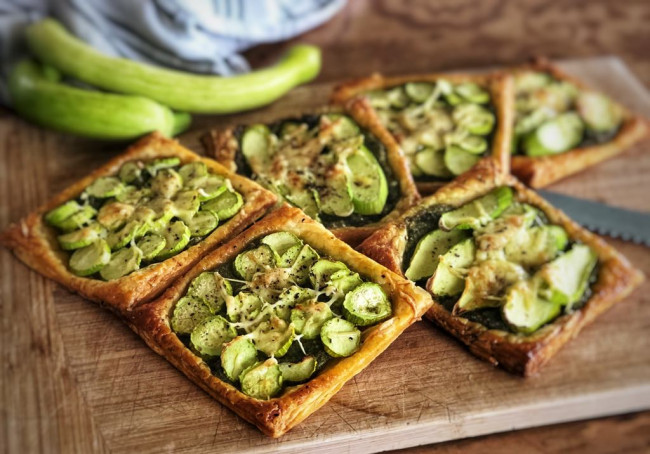 mint and sunflower pesto preserved lemon and tromboncino squash tart