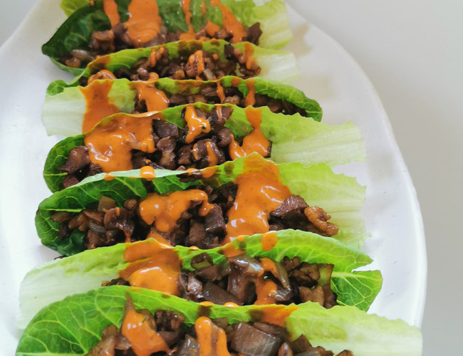 mushroom and walnut cos cups with chipotle sauce