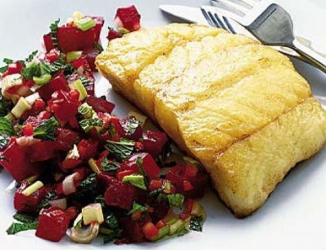 pan fried fish with beetroot and tomato mint salad