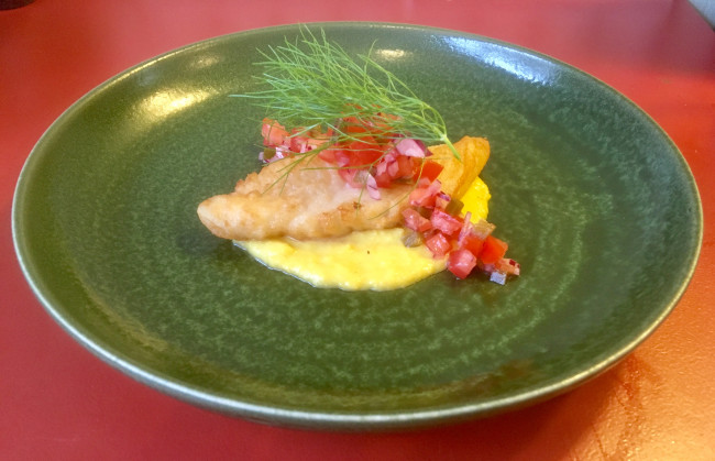 pan fried gurnard fillet with humitas and pico de gallo