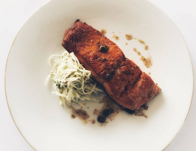 pan fried salmon with burnt butter and kohlrabi remoulade