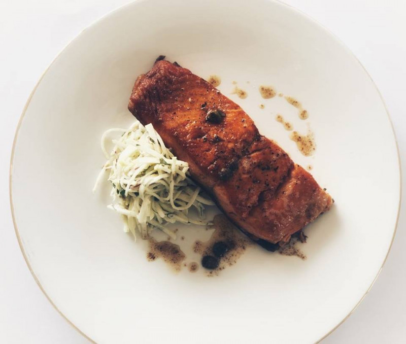 pan fried salmon with burnt butter and kohlrabi remoulade