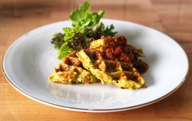 parsnip parsley and cheddar waffles served with tomato kasundi