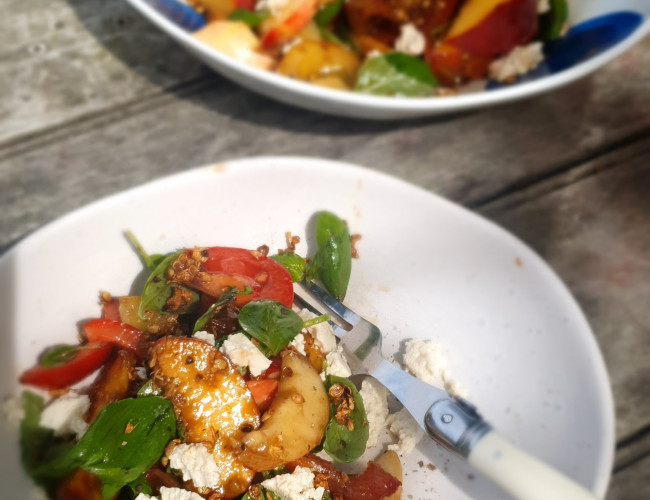 peach nectarine and tomato salad with coriander garlic dressing